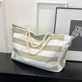 Green and white striped canvas tote bag with thick cream cotton rope handles - Green