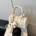 Mini Boston bag in creamy white leather with cartoon bear prints and detachable strap - With Pendant / White