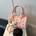 Pink cylinder boston bag with cartoon bear print and detachable strap for women - With Pendant / Pink