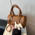 Brown Boston bag with classic bear print, detachable strap and cute puppy pendant - With Pendant / Brown