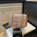 Pink crocodile pattern shoulder bag with golden chain and heart-shaped lock detail - Khaki