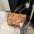 Borsa tote in ecopelle marrone con graffiti di cartoni animati e doppi manici - Marrone