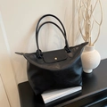Classic black PU leather tote bag with long handles and metal snap closure for daily use - Black