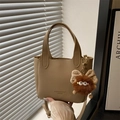 Brown litchi texture handbag with cute plush monster pendant and adjustable strap - With Pendant / Khaki