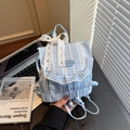 Mini mochila de cuadros azules y blancos con lazo de encaje y cierre de cordón - Azul