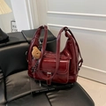 Retro deep red glossy leather shoulder bag with white stitching and bear charm accessory - With Pendant / Red