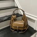 Brown faux leather convertible tote bag with front flap pocket and cute bear charm - With Pendant / Brown