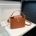 Brown faux crocodile embossed tote bag with gold V logo and detachable strap - Brown