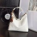 Minimalist white leather hobo shoulder bag with unique wooden and gold pendants - With Pendant / Off-white