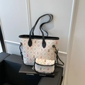 Cute bear print tote bag set in cream white with black handles and matching pouch - Black