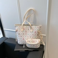 Cute cream tote and pouch set with colorful bear and bow patterns in faux leather - White