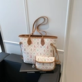 Cute white tote bag set with floral bear prints and brown leather handles for women - Brown