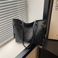 Chic black leather tote bag with rabbit print and letter detail for shoulder use - Black