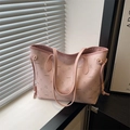 Pink contrast color tote bag with litchi pattern faux leather and cartoon print design - Pink