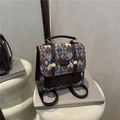 Vintage rugzak met geometrisch ruitpatroon van bruin leer en veelkleurige geweven stof - Blauw