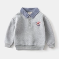 Detail of grey kid sweater with shirt collar, puppy embroidery and mock layered design - Gray / 90cm