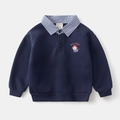 Detail of navy blue boys' polo sweatshirt with checkered collar and puppy embroidery - Navy Blue / 90cm