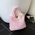 Pink bubble fabric puff shoulder bag with white lace bow detail for women - With Silk Scarf / Light Pink