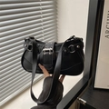 Retro black PU leather underarm bag with decorative belt buckle and metal eyelets - Black