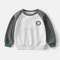 Detailopname van jongenswafelgebreide raglan sweater met getextureerde stof en borduursel - 90cm / Wit Patchwork