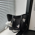 Black tote bag with colorful butterfly embroidery and a white cloud plush charm - With Pendant / Black