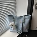 Light blue tote bag with butterfly embroidery and cloud plush charm in soft light - With Pendant / Blue