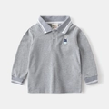 Close-up of bear embroidery and striped polo collar on grey boys long-sleeve tee - 90cm / Gray