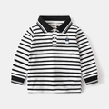 Detail of embroidered bear on black and white striped cotton long sleeve polo shirt - 90cm / Black & White Stripes