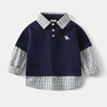 Detail of boys' navy sweatshirt featuring blue plaid collar and horse embroidery - Dark Navy Blue / 90cm