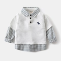 Detail view of boys' grey sweatshirt with a blue checkered faux collar and hem - Light Gray / 90cm