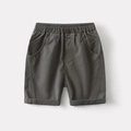 Detailed close-up of boys casual cotton shorts with elastic waistband and button accent - Grey Green / 120cm