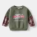 Détail du sweat-shirt garçon vert olive avec manches à carreaux et motifs imprimés - Vert Armée Faux Deux Pièces / 90cm