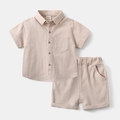 Detail of light apricot cotton linen texture on kids' short sleeve shirt and shorts set - Apricot Set