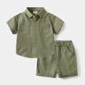 Flat lay detail of sage green boy's short-sleeve button-up shirt and shorts set - Army Green Set