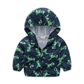 Detailed view of kids hooded windbreaker featuring green geometric dinosaur prints - Size 100 / Dark Navy Robot Dragon