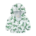 Close-up of lightweight toddler windbreaker with green dinosaur print and hood details - Size 100 / White Robot Dragon