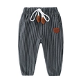 Toddler boys striped joggers with elastic waist and leather patch in dark grey color - Grey Stripe / 90cm