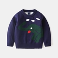 Dunkelblauer Kinderstrickpullover mit süßem grünem Elefanten- und Wolken-Cartoon-Muster - 100 / Marineblau