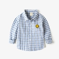 Detail of blue and white checkered shirt with yellow smiley face embroidery patch - Blue Plaid / 120cm