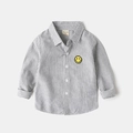 Toddler boy long sleeve striped shirt with yellow smiley face embroidery patch - Grey and White Stripes / 90cm