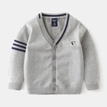 Grey knit cardigan for boys with V-neck, blue stripe details and crown embroidery - Gray / Size 100