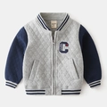Gewatteerd grijs en marineblauw honkbaljack voor jongens met sportieve varsity-details - 90cm / Grijs