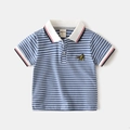 Short-sleeve boys' polo shirt in blue and white stripes with a yellow airplane embroidery - Water Blue Stripes / 90cm