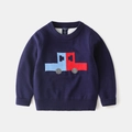 Close-up of the dark blue knit sweater showing a cartoon car jacquard and ribbed collar - Navy Blue with Dual Color Car / Size 100