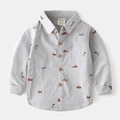 Graues Jungen-Langarmhemd aus Oxford-Stoff mit bunten Cartoon-Tier- und Autodrucken - Grau / 90cm