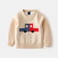 Boy's beige knit sweater featuring a pixelated red and blue car pattern and ribbed cuffs - Cream White with Dual Color Car