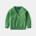 Gilet tricoté vert pour enfant avec col en V, broderie cerf et fermeture boutonnée - Taille 100 / Broderie Chiot (Vert) / Vert