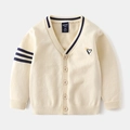 Gilet en maille blanc crème pour enfant avec col en V, rayures et broderies - Blanc Cassé / Taille 100