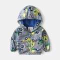 Kids thin hooded windbreaker jacket with yellow cartoon excavator patterns in dark grey - 90cm / Grey Motorcycle