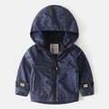 Fleece-lined hooded winter jacket for boys with blue geometric patterns and zipper - 90 / Navy Blue